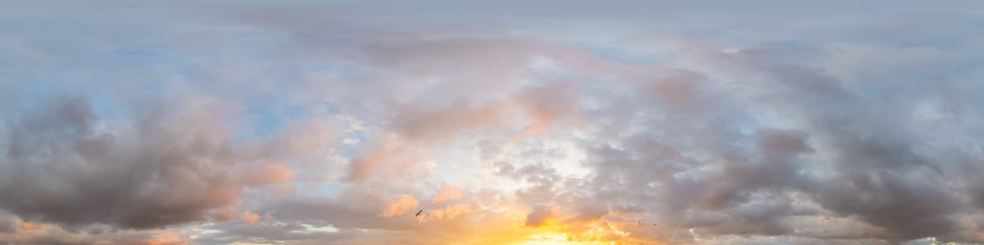 Sunset sky panorama with bright glowing pink Cumulus clouds. HDR 360 seamless spherical panorama. Full zenith or sky dome in 3D, sky replacement for aerial drone panoramas. Weather and climate concept