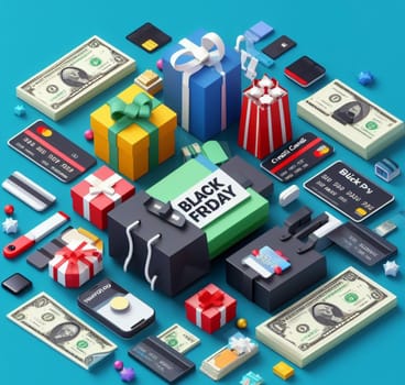 Isometric illustration of luxury items, gadgets and gifts associated with Black Friday deals, ai generated