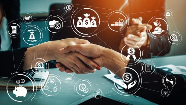 Finance and Money Transaction Technology Concept. Icon Graphic interface showing fintech trade exchange, profit statistics analysis and market analyst service in modern computer application.