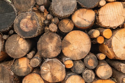 Wall made with a pile of chopped logs of different sizes. log pile background