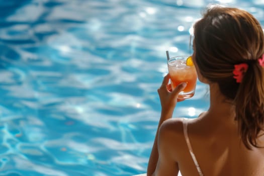 Rear view of a young woman in a hotel pool holding cocktail drink with water in the background.