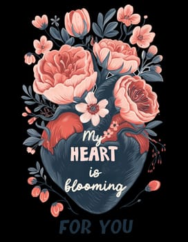 Hand Drawn Illustration of Flower Blooming Heart. Valentine's Day T-shirt and Print Template, Png on Transparent Background.