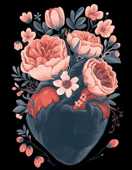 Hand Drawn Illustration of Flower Blooming Heart. Valentine's Day T-shirt and Print Template, Png on Transparent Background.