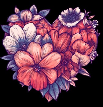 Hand Drawn Illustration of Flower Blooming Heart. Valentine's Day T-shirt and Print Template, Png on Transparent Background.