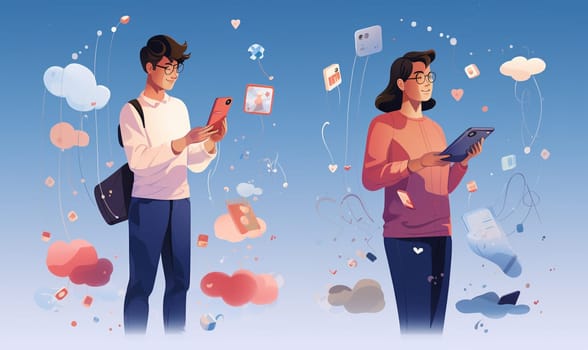 Young Man and Woman Using Smartphone as Mobile Device Illustration. High quality photo