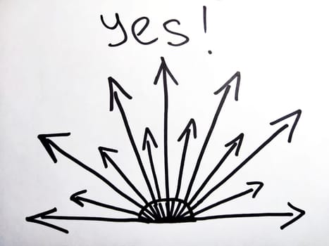 Hand drawn black marker arrows as fan of possibilities. The concept of business, choosing direction, moving forward. Abstract sign, background, texture. Blurred