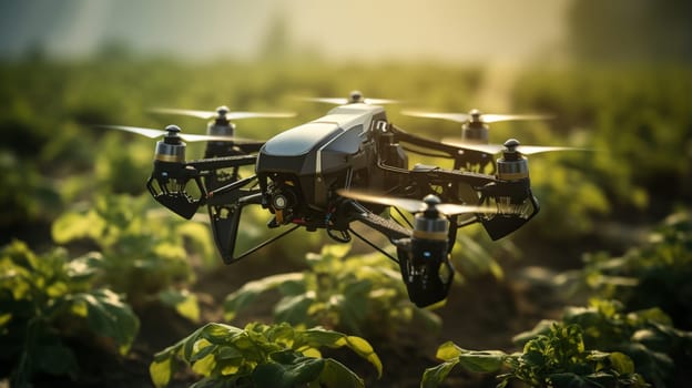 Smart agriculture controlled by Drone over wine vineyards at sunset. High quality photo