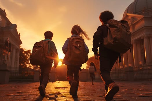 Group of kids in school uniform posing to the camera outdoors together near education building. High quality photo