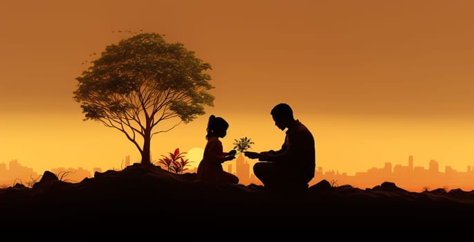 Silhouette father and child daughter on sky and sunset background. Happy family love concept. illustration. High quality photo