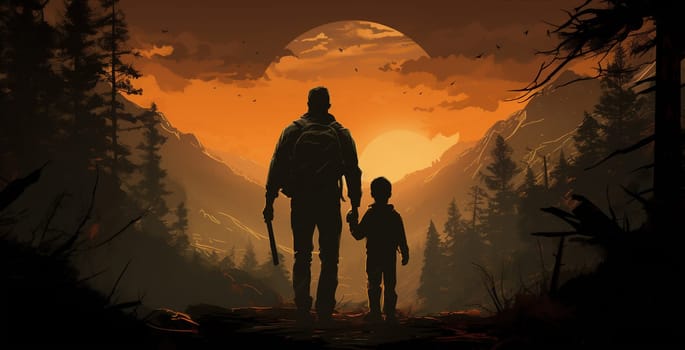 Silhouette of father and son. Little boy, father, playing, on the wood. High quality photo