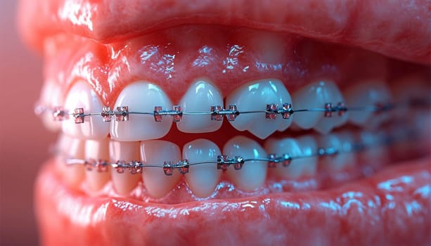 Orthodontic Dental Care Concept. Woman Healthy Smile close up. Closeup Ceramic and Metal Brackets on Teeth. Beautiful Female Smile with Braces. healthy teeth