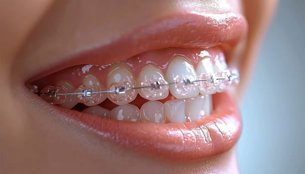 Orthodontic Dental Care Concept. Woman Healthy Smile close up. Closeup Ceramic and Metal Brackets on Teeth. Beautiful Female Smile with Braces. healthy teeth