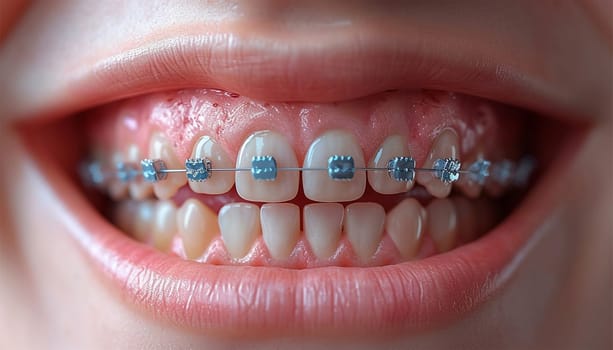 Orthodontic Dental Care Concept. Woman Healthy Smile close up. Closeup Ceramic and Metal Brackets on Teeth. Beautiful Female Smile with Braces. healthy teeth