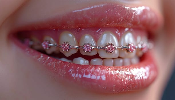 Orthodontic Dental Care Concept. Woman Healthy Smile close up. Closeup Ceramic and Metal Brackets on Teeth. Beautiful Female Smile with Braces. healthy teeth