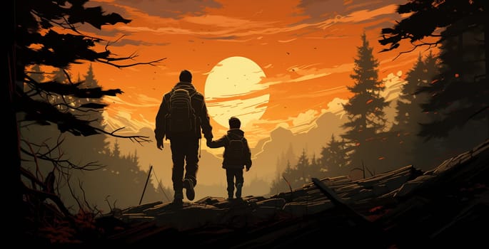 Silhouette of father and son. Little boy, father, playing, on the wood. High quality photo