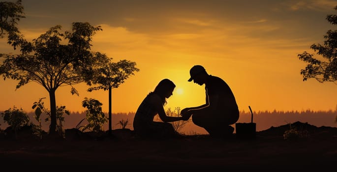 Silhouette father and son talking in the evening and sunset view. High quality photo