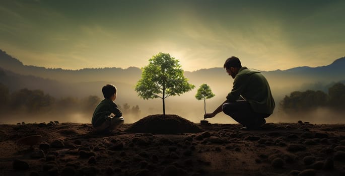 fresh sapling tree sunset, young roots, soil earth, plant garden, silhouette happiness family father child, dad daughter walking together park, plant trees spring, save planet, farmer. High quality photo