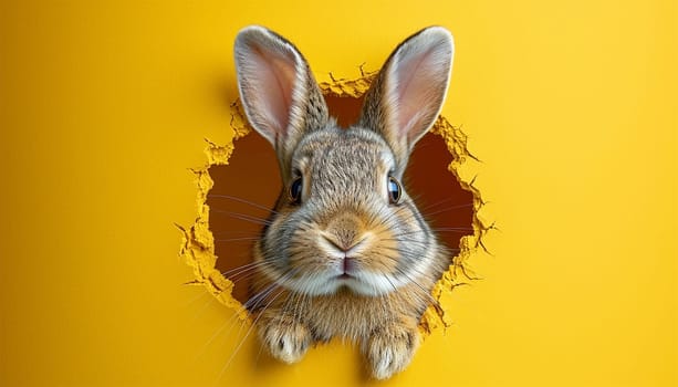 Cartoon cute bunny looking out of a cut hole bright yellow background. illustration. Spring holiday and Easter background. Copy space Happy Easter funny