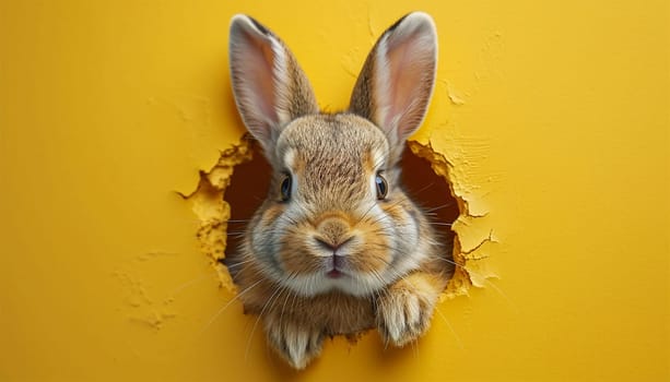 Cartoon cute bunny looking out of a cut hole bright yellow background. illustration. Spring holiday and Easter background. Copy space Happy Easter funny