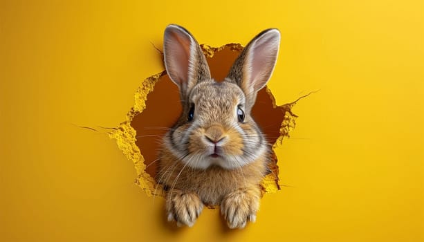 Cartoon cute bunny looking out of a cut hole bright yellow background. illustration. Spring holiday and Easter background. Copy space Happy Easter funny
