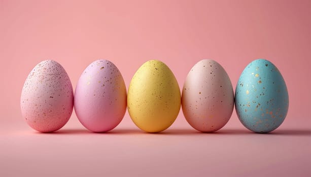 Pastel Easter eggs background. Light colors. Happy Easter banner, poster, greeting card. Trendy Easter design, flowers, eggs, in pastel pink blue colors. Modern minimal style Copy space. Happy Easter spring holiday Space for text