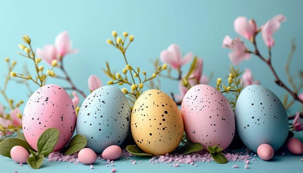 Pastel Easter eggs background. Light colors. Happy Easter banner, poster, greeting card. Trendy Easter design, flowers, eggs, in pastel pink blue colors. Modern minimal style Copy space. Happy Easter spring holiday Space for text