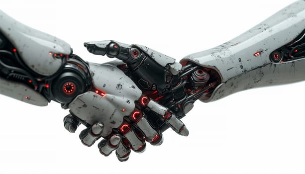 Robotic hands shaking on white background. 3D rendering hominoid robot handshake with stock market trading chart showing buy and sell decision by AI thinking brain, artificial intelligence and machine learning process. isolated