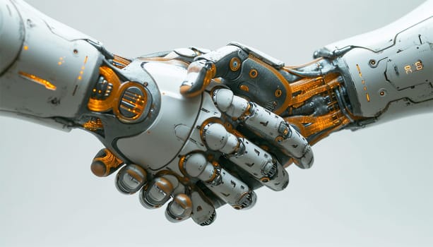 Robotic hands shaking on white background. 3D rendering hominoid robot handshake with stock market trading chart showing buy and sell decision by AI thinking brain, artificial intelligence and machine learning process. isolated