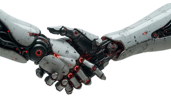 Robotic hands shaking on white background. 3D rendering hominoid robot handshake with stock market trading chart showing buy and sell decision by AI thinking brain, artificial intelligence and machine learning process. isolated