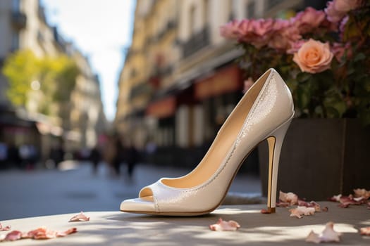 Beige women's high-heeled shoes a city bokeh background.