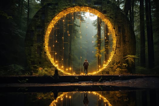 Glowing portal in an eerie foggy forest, science fiction concept.