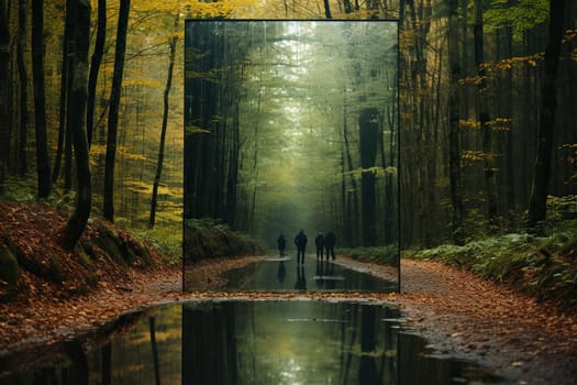 Large mirrors on the road in the autumn forest.