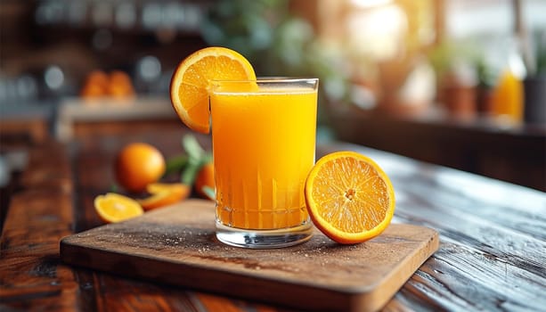 glass of fresh orange juice with fresh fruits on wooden table in the kitchen. Bio orange juice and a glass of fresh squeezed orange juice copy space Space for text