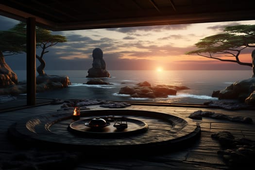 A place for yoga and meditation overlooking the ocean, sunset. Mental health concept.