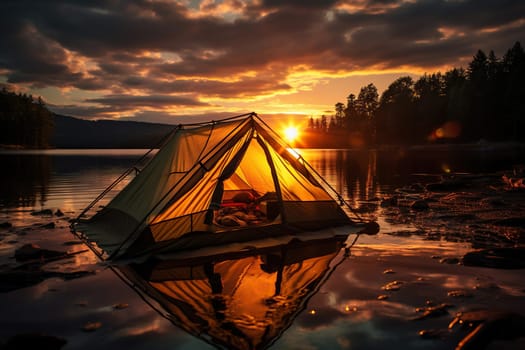 Tent with light on the bank of a river or lake in the evening. Camping.