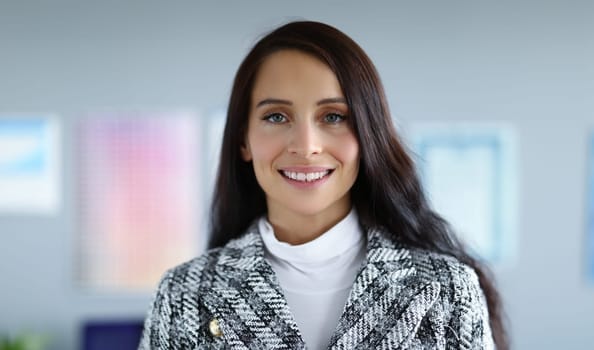 Smiling business woman in fashion jacket office. Well-developed intuition. Consider all possible consequences their actions. Reorganization period and conditions uncertainty during quarantine