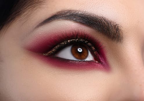 Close-up beautiful female eye decorated with makeup. Quarantine makeup training. Make-up option that is created for special occasion. Fashionable eye for events or for photo shoots