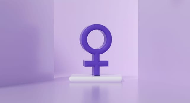 Purple stage with woman symbol, Female gender symbol and pink hearts on a pink background. 8th March. Concept of women's rights, rights, equality. Render 3D.