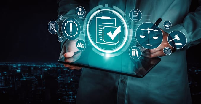 Compliance rule law and regulation graphic interface for business quality policy planning to meet international standard. uds