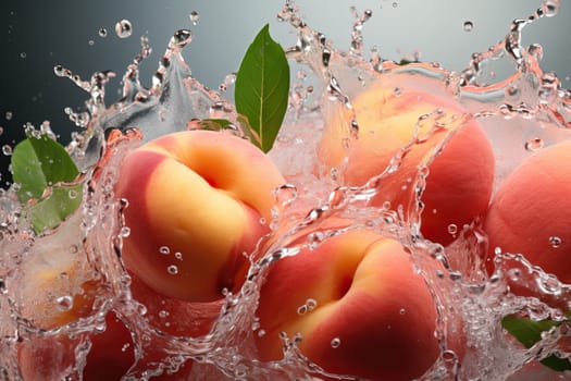 Water splashes from falling peaches, water bubbles and splashes and fresh peach with leaves close-up.