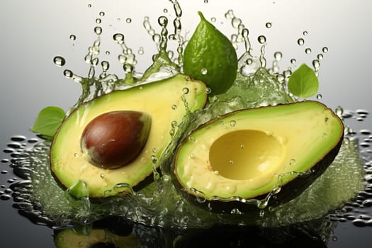 Avocado falling into water, splashes of water from avocado, cut avocado in half, avocado is a healthy fruit.