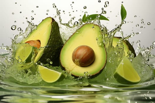 Avocado falling into water, splashes of water from avocado, cut avocado in half, avocado is a healthy fruit.