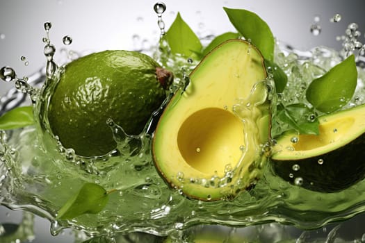 Avocado falling into water, splashes of water from avocado, cut avocado in half, avocado is a healthy fruit.