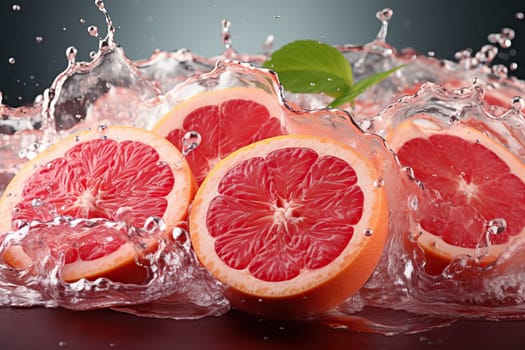Slices of grapefruit in water with bubbles, splash of water and grapefruit.
