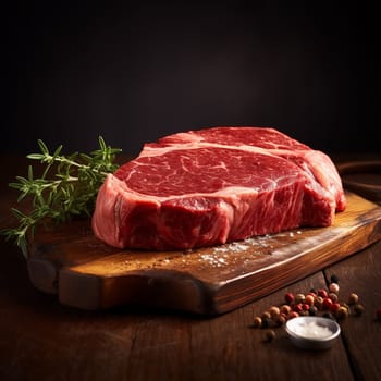 Raw fresh meat ribeye steak, pepper, salt and rosemary on wooden board.