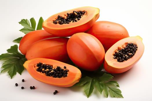 Tropical papaya fruit close-up on white background, cut papaya fruit.