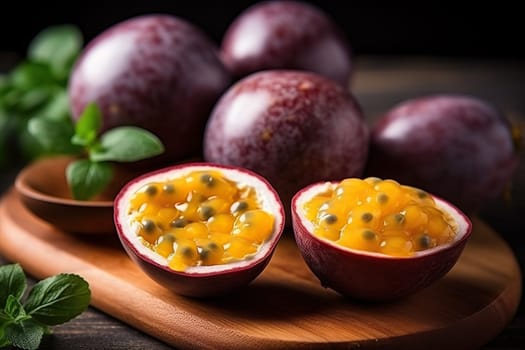 Passion fruit close-up on a wooden table close-up, exotic fruit passion fruit.