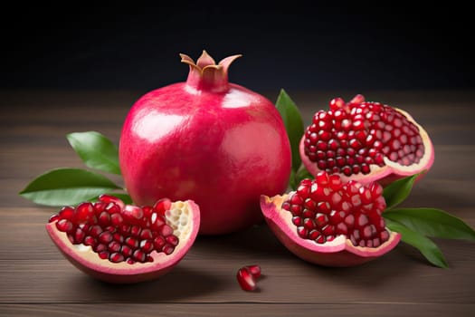 Whole pomegranate and pomegranate pieces on wooden table close-up, red pomegranate berries.