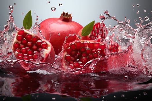 Water splash close-up with pomegranate close-up, fresh fruit in water.