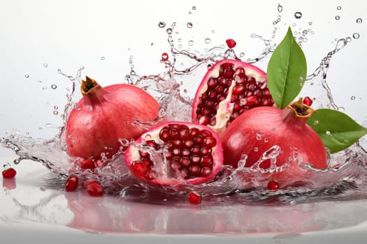 Water splash close-up with pomegranate close-up, fresh fruit in water.